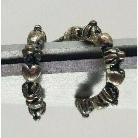 Earrings Small Silver Toned Hoops Pierced 1 Pair Detailed Beaded Small Hoops - Picture 4 of 9